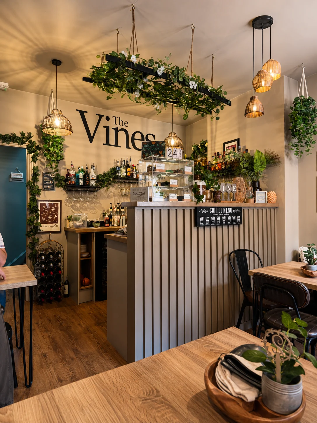 The Vines coffee lounge bar surrounded by hanging greenery and warm pendant lights