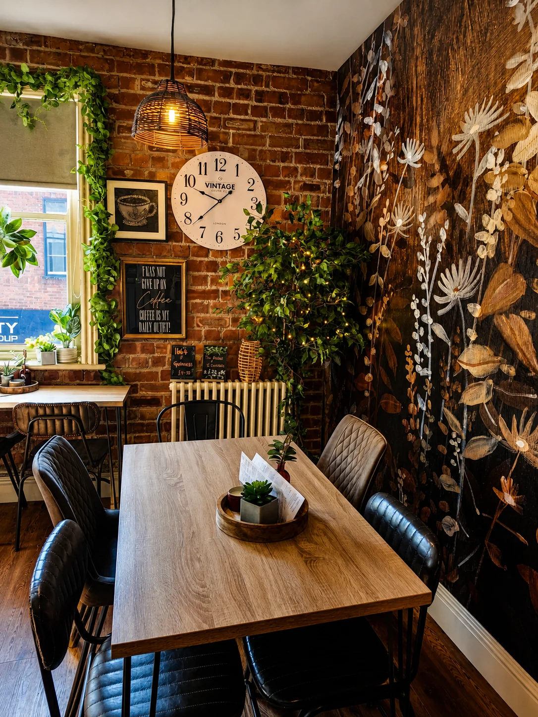 Dining table beside the floral wall and vintage clock inside The Vines