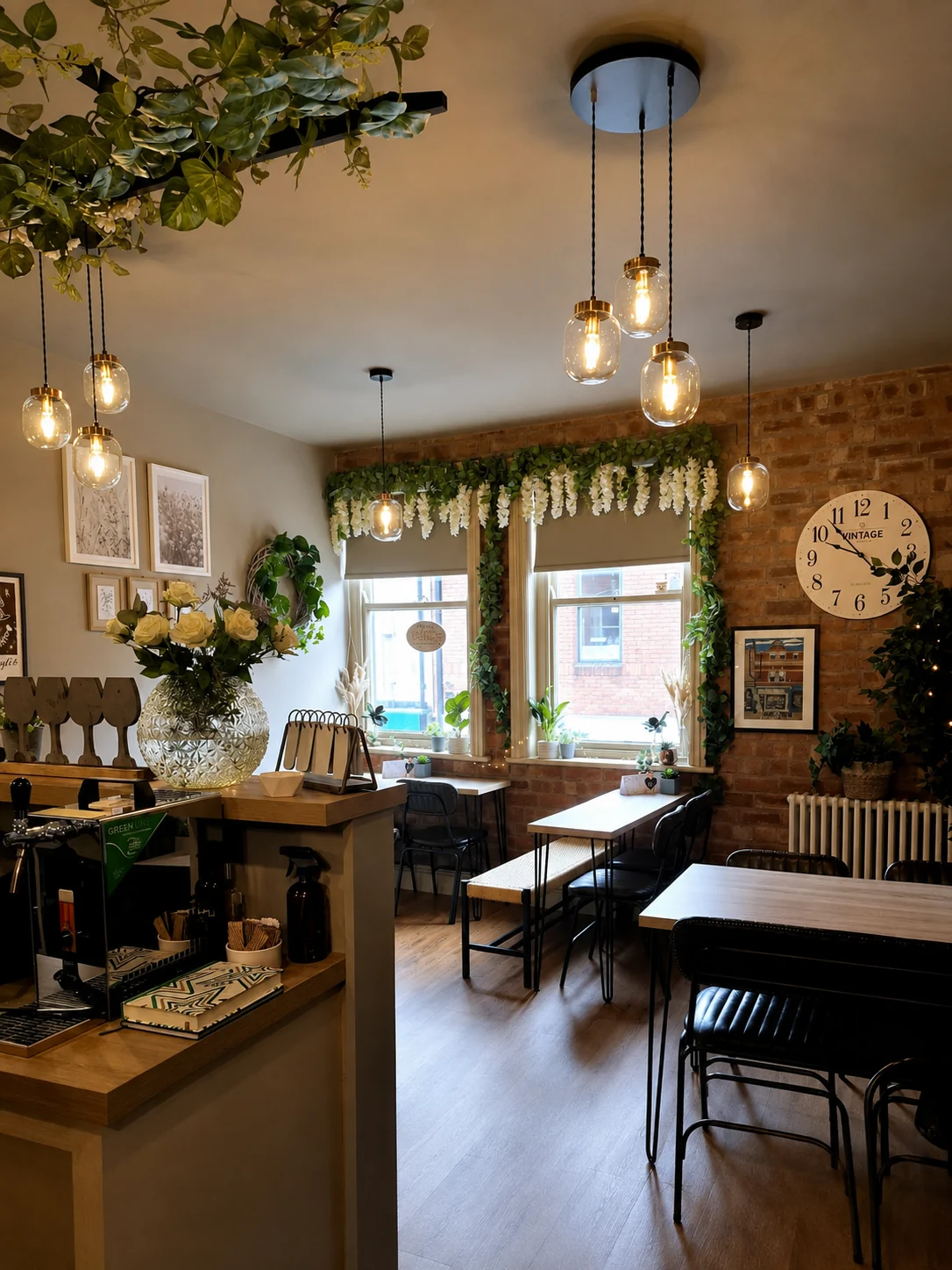 Dining room at The Vines with exposed brick, greenery and hanging lights